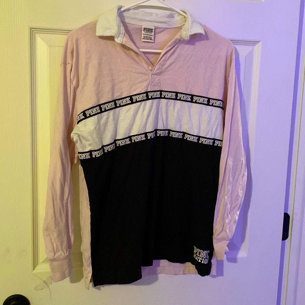 PINK- Long sleeve, button up collar shirt